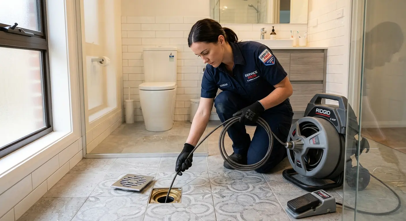 Technician clearing a bathroom floor drain for Drain Repair in Racine
